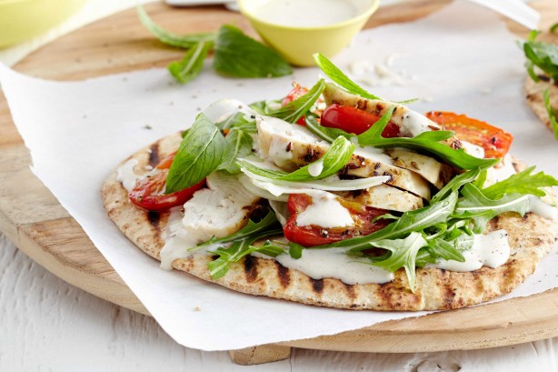 Grilled chicken flat-breads with light Caesar dressing