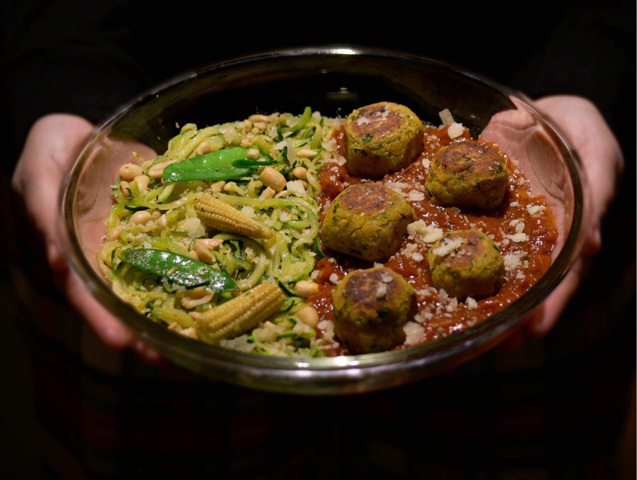 Baked Lentil & Oats ‘no-meat’ balls served with stir-fried Zuccini ribbons!