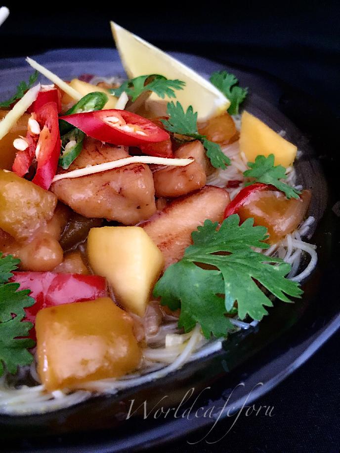 Vietnamese Mango Chicken in Chili Lime Broth served with Rice noodles
