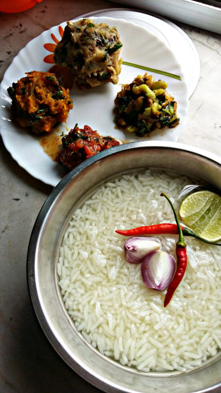 Bangladeshi Bhartas With Rice (Panta Bhaat Sathe Shobji Bharta In Bengali)