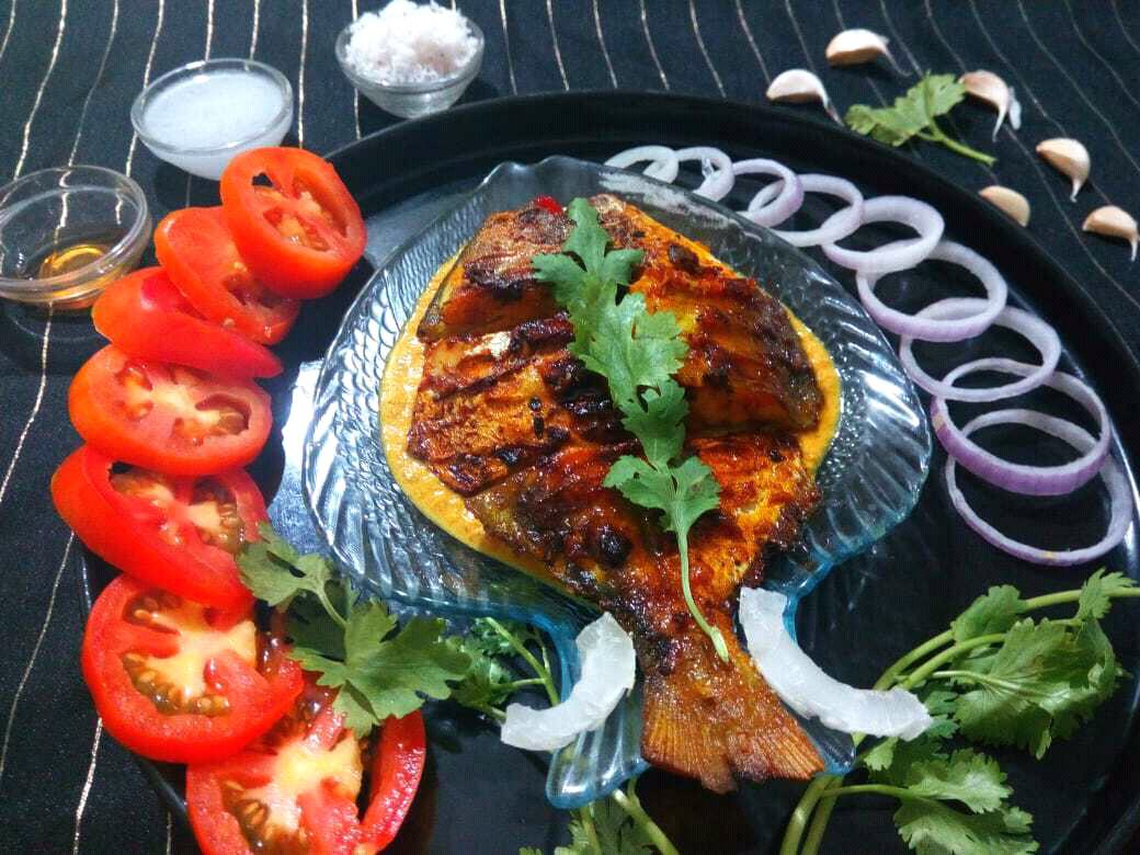 Grilled Pomfret with Mustard,Coconut Sauce
