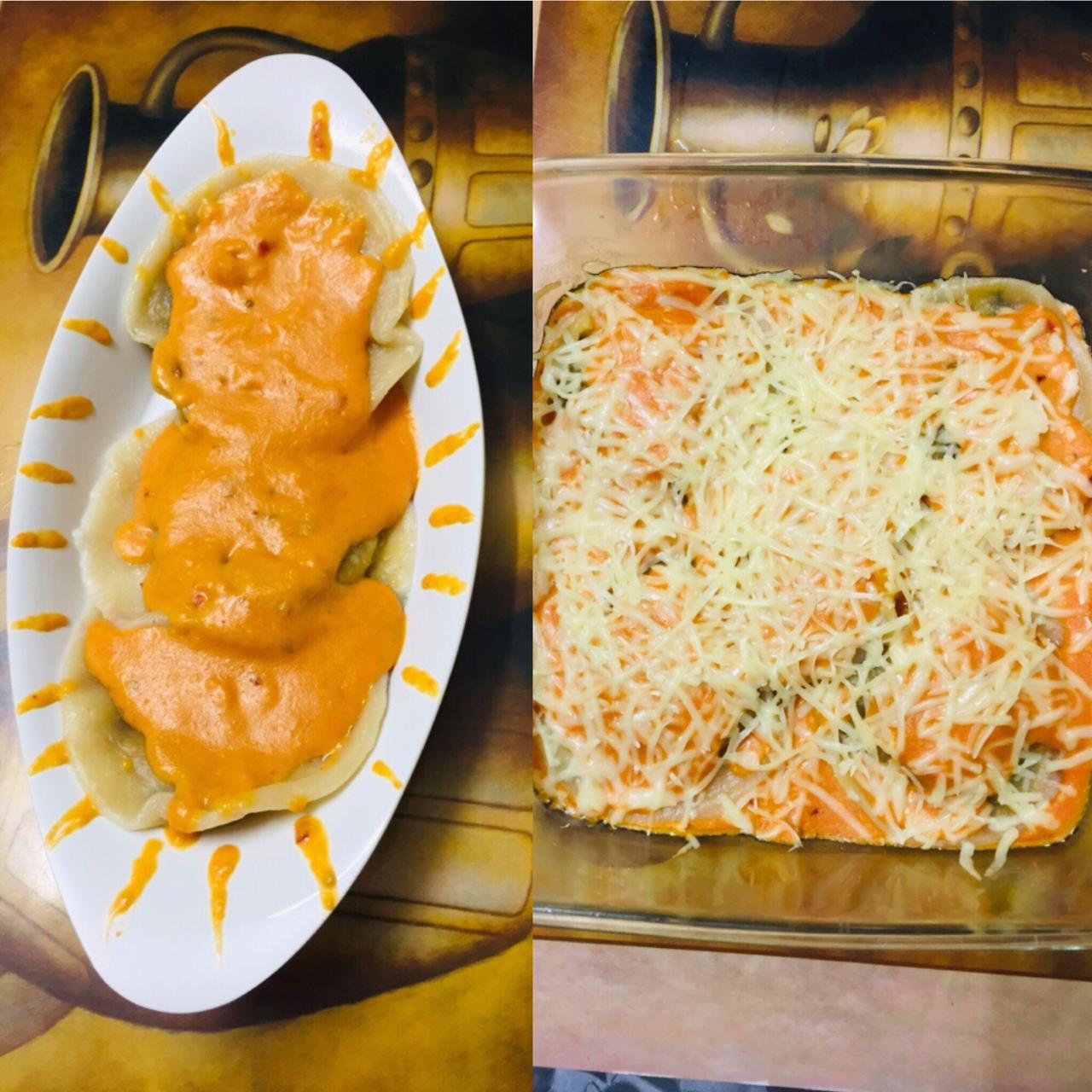 Ravioli in pink sauce served in  2 ways