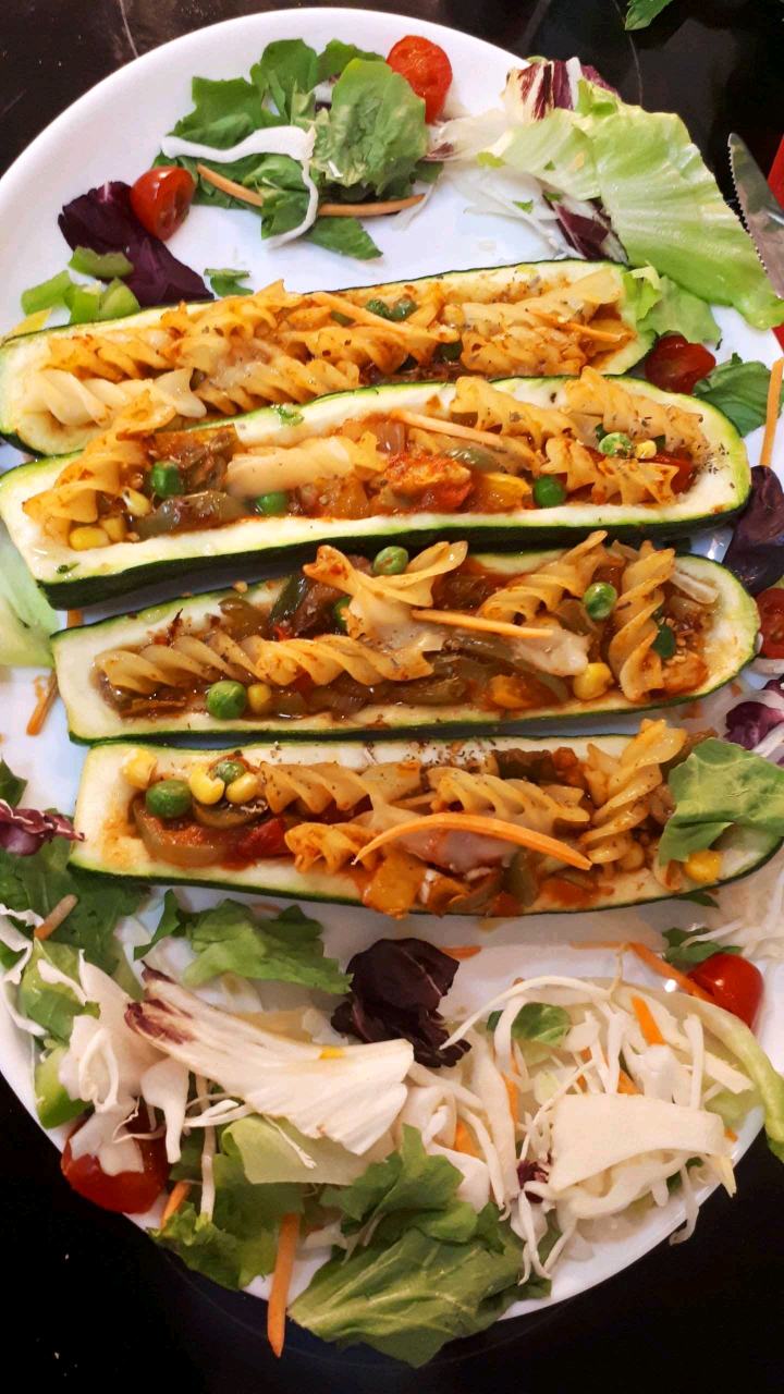 Pasta Stuffed ZUCCHINI  boats.