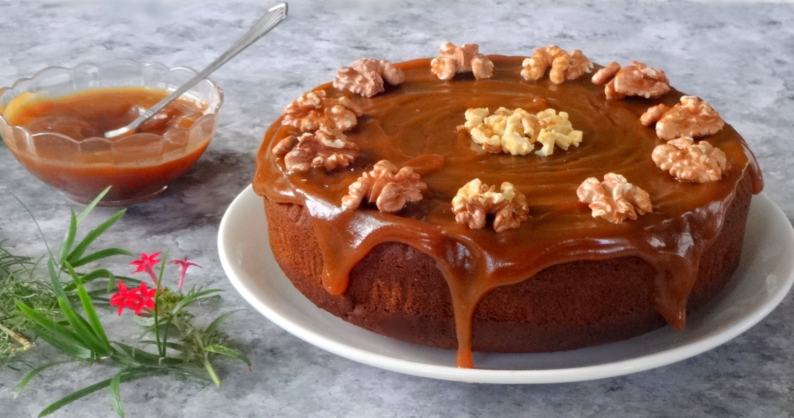 Chai Spiced Whiskey Date Cake With Toasted Walnuts And  Caramel