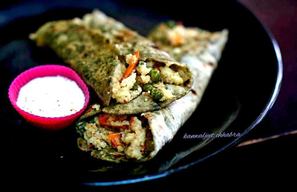Couscous Stuffed Spinach Wrap With Hung Curd Dip 