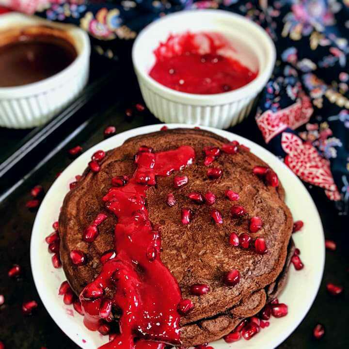 Chocolate Pancakes with Raspberry Reduction & Chocolate Ganache