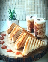 Spinach Mushroom grilled sandwich with cold coffee 