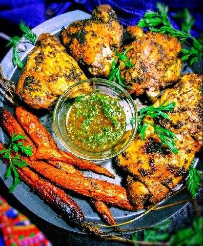Grilled Chicken With Carrot Top & Coriander Stems Chimichurri